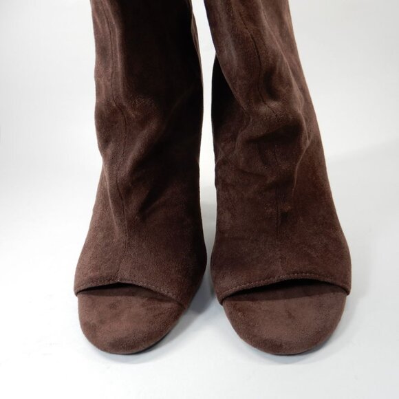AZALEA WANG Vincent Knee High Open Toe Boots 6.5 Wedge Heel Brown Suede NEW - Picture 9 of 14
